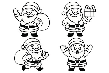Four adorable cartoon santas in different poses with gifts and sacks