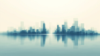 Abstract city skyline with soft reflections on a tranquil water surface