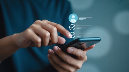 Hands using a smartphone to check and approve a list, emphasizing technology integration and user interface interaction. The focus is on the human interaction with a modern device