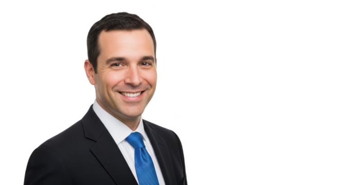 A professional headshot of a smiling man in a suit, against transparent background - Powered by Adobe
