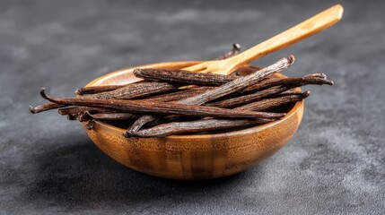 Fresh vanilla beans in a wooden bowl with a wooden spoon on a dark gray background