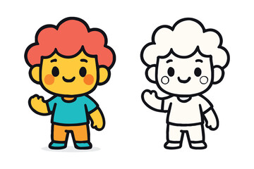 Adorable cartoon boy character side by side with outline for coloring fun