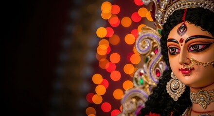 Goddess durga s face with festive bokeh lights