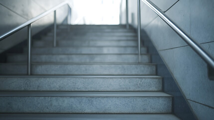 A cool, minimalist shot of concrete stairs leading towards a bright opening. Stainless steel handrails add a modern touch. Perfect for urban or architectural themes.