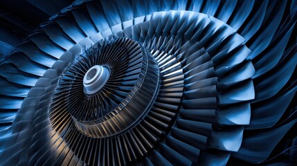 Close-up view of a modern turbine engine showcasing intricate design and engineering details under dramatic lighting