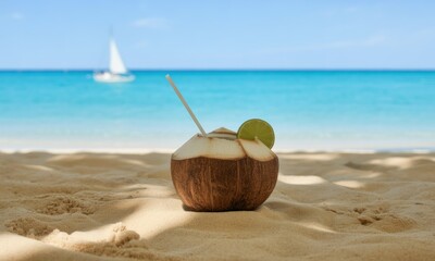 A coconut drink with straw and lime on sandy beach, ocean and sailboat in background