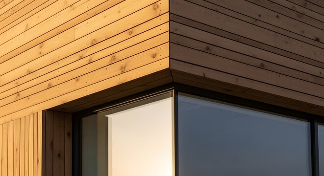 Corner Detail of Modern Wooden Clad Building with Large Window, Architectural Design, Contemporary Style, Natural Wood Texture, Minimalist Exterior