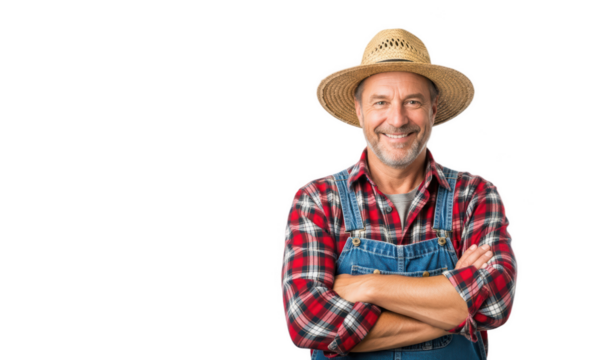 A smiling mature man wearing a straw hat and a plaid shirt, crossed arms, against transparent background