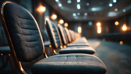 Rows of luxurious chairs stand ready, meticulously arranged within a dimly lit conference hall.