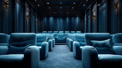 An empty luxury home theater or cinema, featuring rows of plush seats and a large screen. This architectural and interior design showcases elegance.