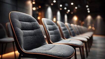 An elegant row of upholstered chairs in a modern conference room, ideal for business meeting, presentation, training session, or public speaking. Featuring contemporary design.