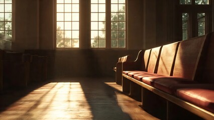A sunlit interior of a church or hall, with rows of wooden benches and sunlight pouring in through the windows, creating a serene and reflective atmosphere.