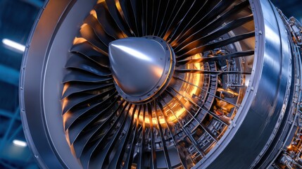 Close view of a jet engine showcasing turbine blades in an aviation workshop during daylight hours