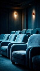 A row of luxurious cinema seats beckons viewers into a world of entertainment, enhanced by ambient lighting and a serene atmosphere.
