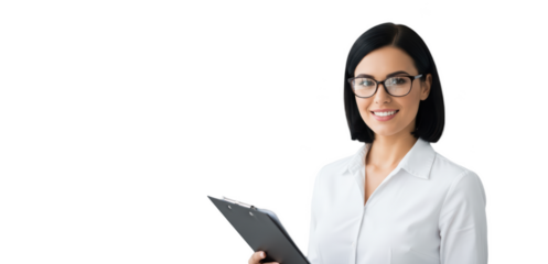 A smiling woman in a white shirt and glasses holding a tablet, against transparent background