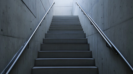 An upward view of a concrete staircase with metal handrails, leading towards a bright exit or opening. The stark lines and minimalist design convey a sense of modernity.