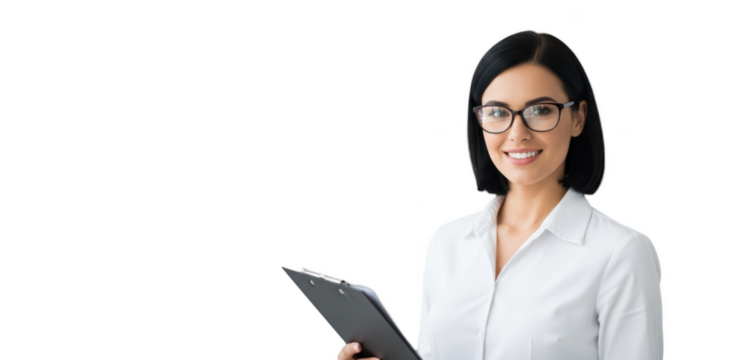 A smiling woman in a white shirt and glasses holding a tablet, against transparent background