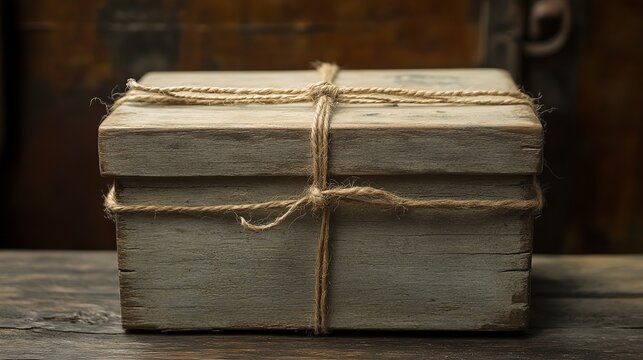 Rustic packaging box tied with jute string on a wooden surface in a vintage setting