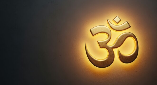 Glowing golden om symbol on dark background