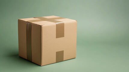 Obraz premium Small cardboard box sealed with brown packing tape set against a simple green background