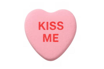 Pink conversation candy heart expressing kiss me message for valentine's day, romance, and sweet surprises