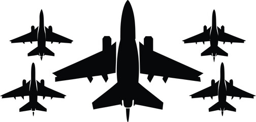 Black airplanes top view. Military jet fighter silhouette icons Strategic Military Power Modern Fighter Jet Soaring in Black Illustration