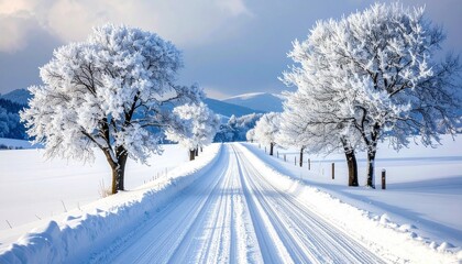 Obraz premium Snow-Covered Road with Frosty Trees Leading into Peaceful Winter Landscape with Hills and Partly Cloudy Sky