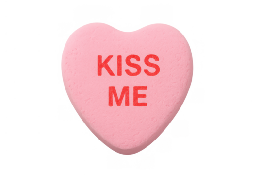 Pink conversation candy heart expressing kiss me message for valentine's day, romance, and sweet surprises