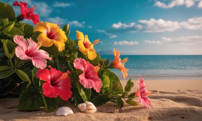 Colorful hibiscus flowers bloom on a sandy beach with ocean and blue sky