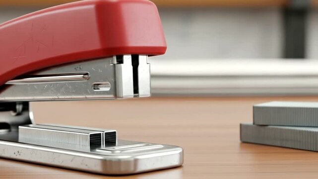 Close-up of a red stapler on a wooden desk with metallic staples and blurred office background