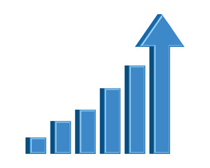 Upward stepping blue 3D arrow. Growth bar with blue stairs symbolizing progress and success. 3D bar graph illustration on white background. Concept of progress and achievement. EPS 10.