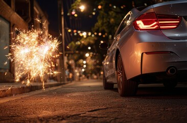 Nighttime celebration with sparklers and a car