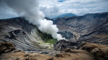 Majestic view of active volcano revealing steam and green lake in crater