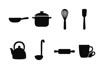 Kitchen utensil silhouettes: pan, pot, whisk, spatula, kettle, and more in black