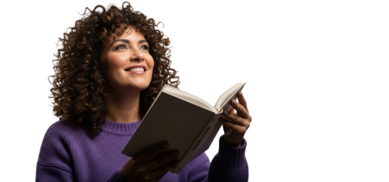 A woman with curly brown hair smiling while holding a book, against transparent background