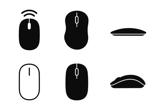 Silhouette set of computer mouse designs with top and side views
