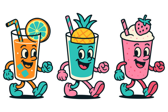 Playful cartoon beverage characters with fruit and straws
