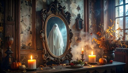 Ornate Mirror Reflecting Ghost Figure in Dimly Lit Haunted Room with Candlelight and Cobwebs