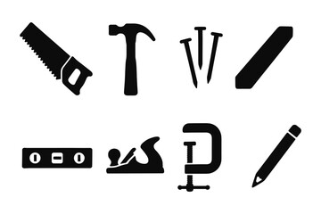 Essential carpentry tools icons: hammer, saw, nails, and more in silhouette style