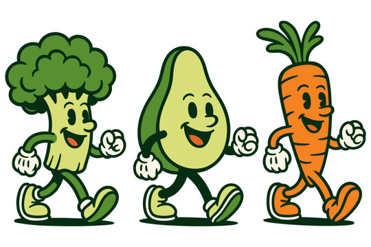 Retro styled walking vegetables trio: broccoli, avocado, and carrot cartoon