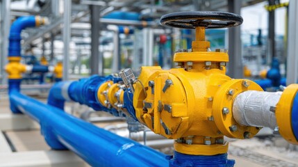 Industrial pipeline system featuring blue and yellow valves and pipes at a processing facility in bright daylight