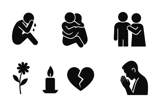 Emotional support icons set depicting grief, comfort, and healing in minimalist style - Powered by Adobe