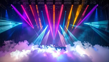 Vibrant Stage Lighting with Multicolored Beams and Fog Effects in Dramatic Concert Setup