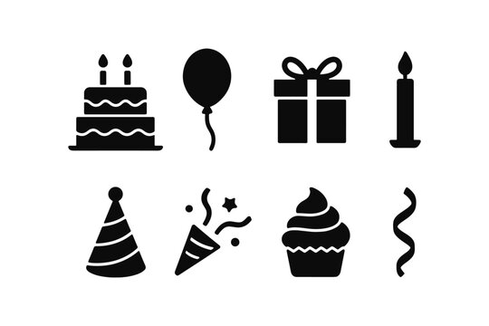Celebration icons: cake, balloons, gifts, and more in simple silhouette style
