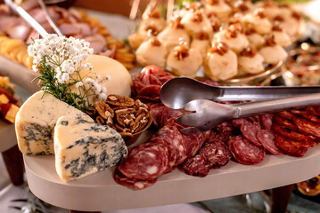 Cold snack platter with cheese, salami and nuts