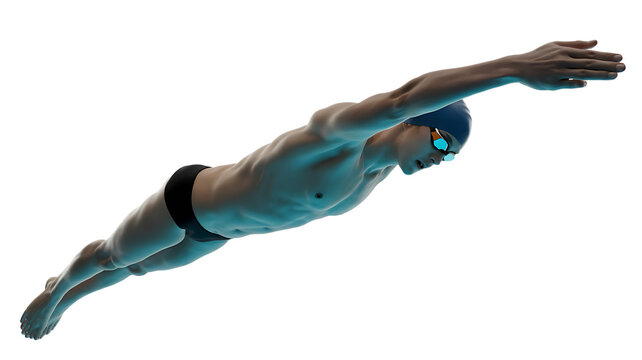 Dynamic male swimmer powerfully dives through water, showcasing peak athletic performance and competitive drive in a sleek, modern aquatic pursuit.