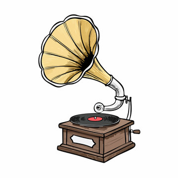 Ancien gramophone, disque, musique, tourne disque, isol&eacute; sur fond blanc 