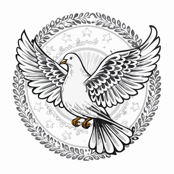 Dessin d'une magnifique colombe en noir et blanc, isol&eacute; sur fond blanc 