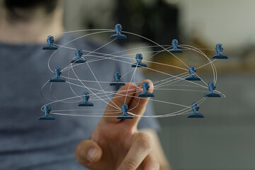 Person interacting with network. Concept of communication, connection, and global networking. Touchscreen concept for technology and social medi