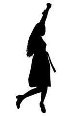 Woman silhouette jumping up, hand raised in a fist, feeling joy and success. Vector illustration